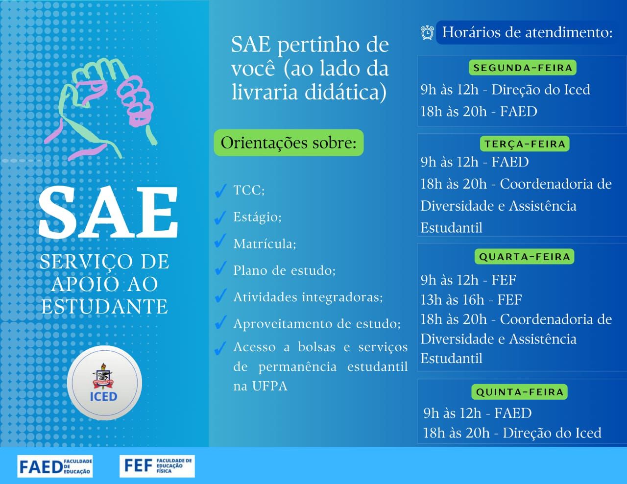 No instituto de ciências da educação o estudante conta com o Serviço de Apoio ao Estudante-SAE, um espaço localizado no pavilhão EP com infraestrutura necessária para que o aluno acesse diversas informações acadêmicas. Venha conhecer os serviços!